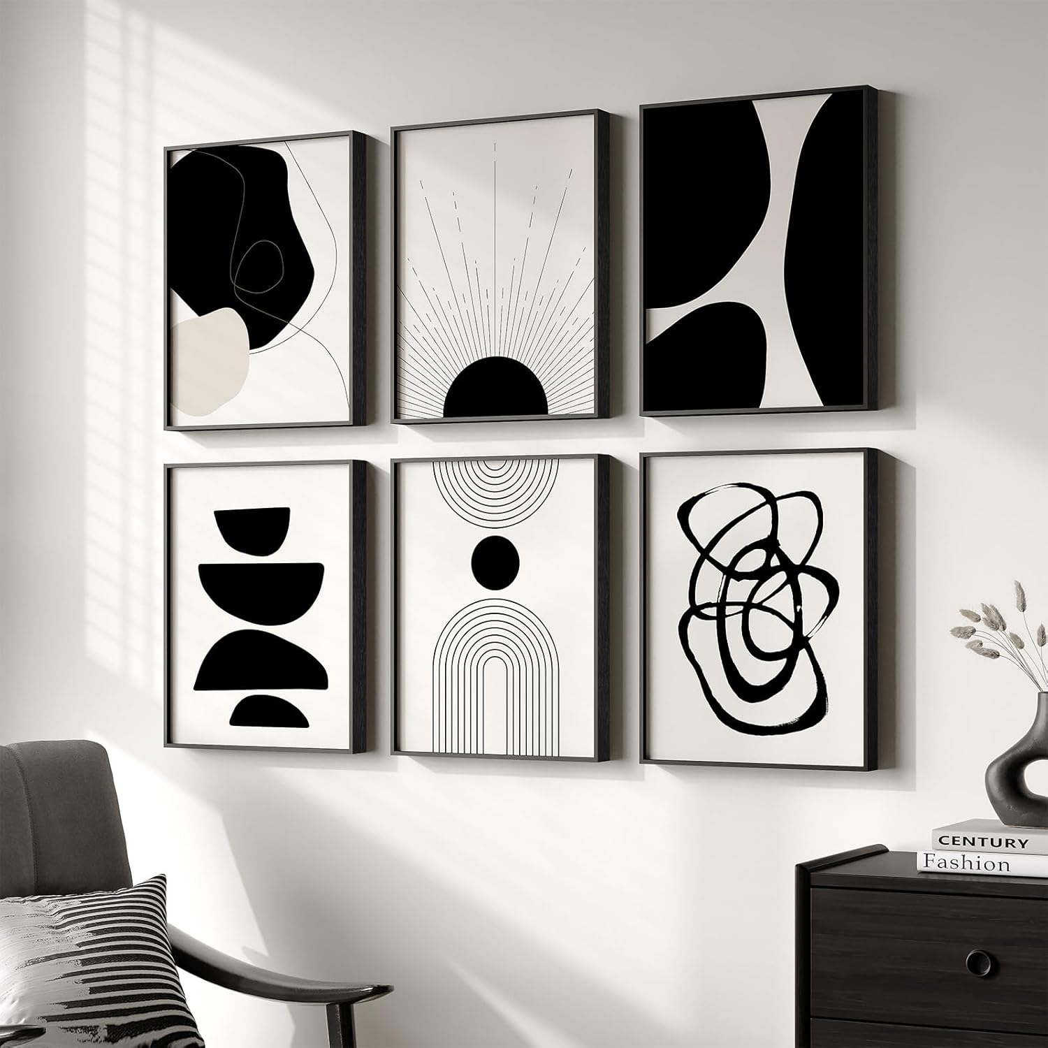 Bohemian Black and White Six-Panel Minimalist Geometric Wall Painting